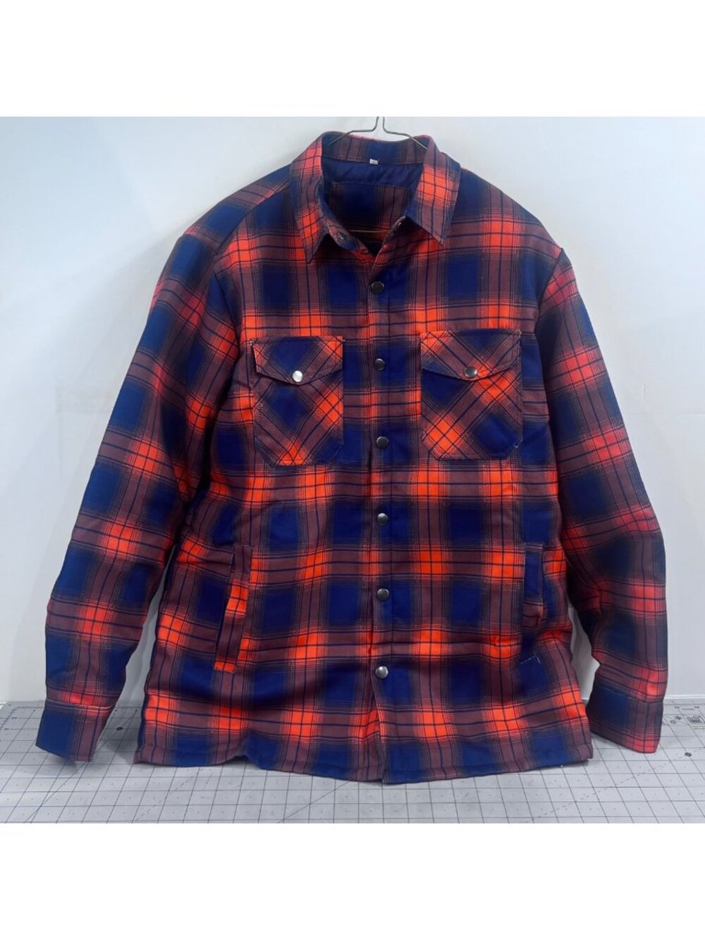 Men's Quilted Flannel Shirt Jacket Plaid Blue & Orange Sz. L Pearl Snap Shacket